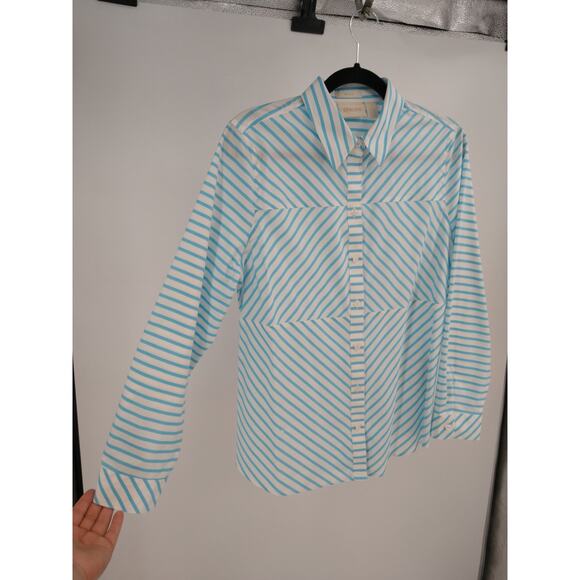 Chico's Shirt 1 M No Iron Box Striped Long Sleeve Button‎ Down Cotton Blue White - Picture 6 of 15